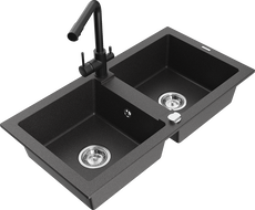 Mexen Mario évier de cuisine en granit à 2 bacs avec robinet de cuisine Duero, noir moucheté - 6504-76-671600-70