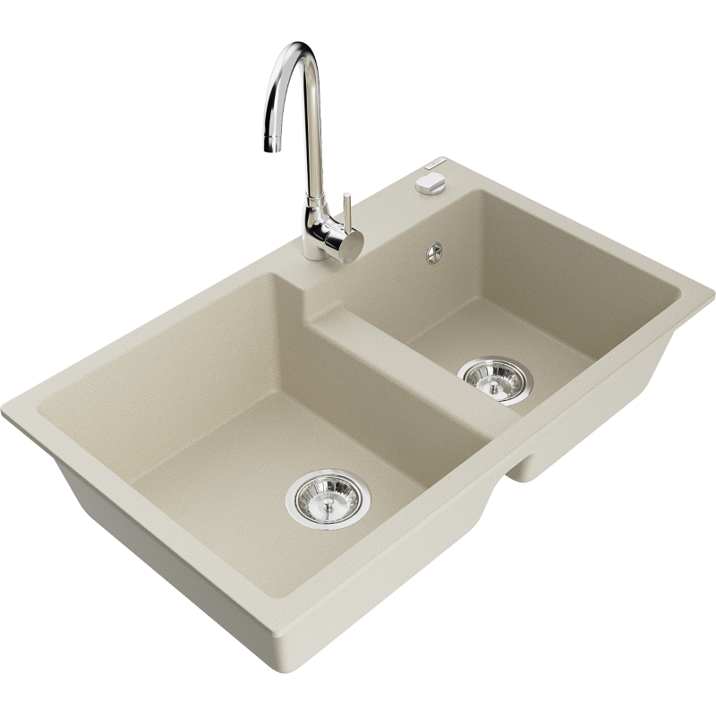 Mexen Tomas évier en granit à 2 cuves avec robinet mélangeur Telma, Beige - 6516-69-670200-00