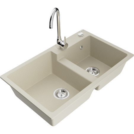 Mexen Tomas évier en granit à 2 cuves avec robinet mélangeur Telma, Beige - 6516-69-670200-00