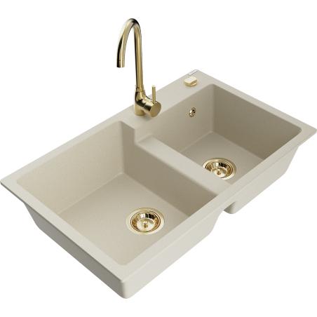 Mexen Tomas évier en granit à 2 cuves avec robinet mélangeur Telma, Beige - 6516-69-670200-50