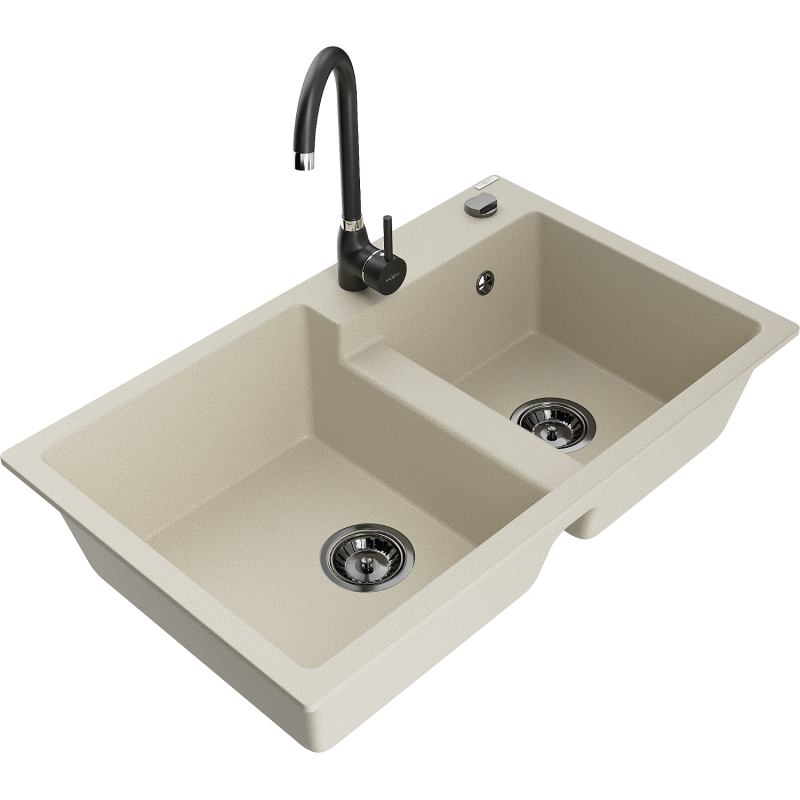 Mexen Tomas évier en granit à 2 cuves avec robinet mélangeur Telma, Beige - 6516-69-670200-70