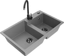 Mexen Tomas évier granit 2 bacs avec robinet de cuisine Telma, gris - 6516-71-670200-70-B