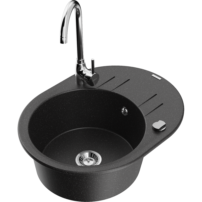 Mexen Kevin évier en granit à 1 bac avec égouttoir et robinet de cuisine Telma, noir/métallisé argent - 6517-73-670200-00