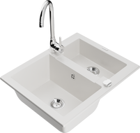 Mexen Carlos évier en granit à 1,5 bac avec robinet de cuisine Telma, blanc - 6518-20-670200-00