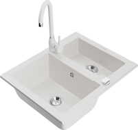 Mexen Carlos évier en granit 1,5 bac avec robinet de cuisine Telma, blanc - 6518-20-670200-20