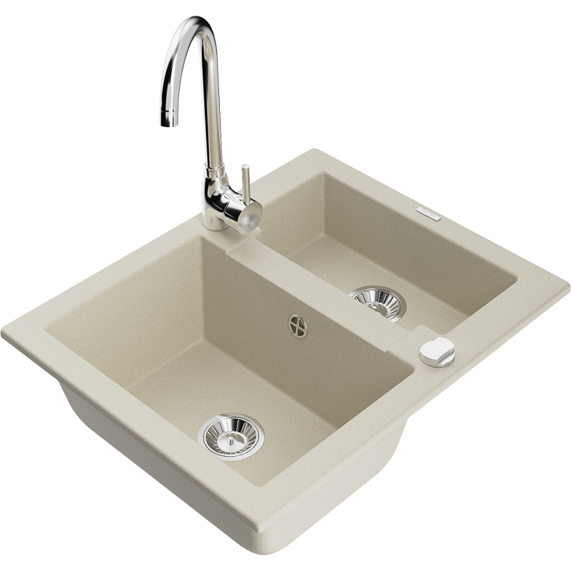 Mexen Carlos évier en granit à 1,5 cuve avec robinet mélangeur Telma, Beige - 6518-69-670200-00