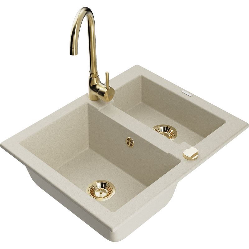 Mexen Carlos évier en granit à 1,5 cuve avec robinet mélangeur Telma, Beige - 6518-69-670200-50