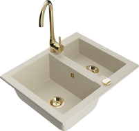Mexen Carlos évier en granit 1,5 bac avec robinet de cuisine Telma, beige - 6518-69-670200-50