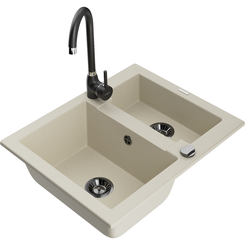 Mexen Carlos évier en granit 1,5 bac avec robinet de cuisine Telma, beige - 6518-69-670200-70