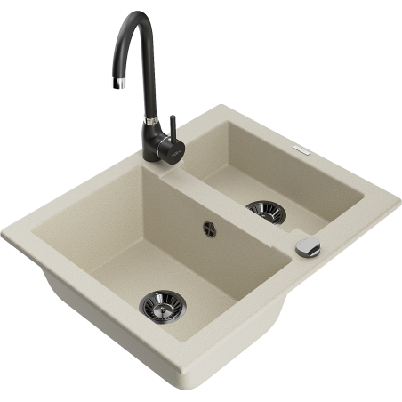 Mexen Carlos évier en granit 1,5 bac avec robinet de cuisine Telma, beige - 6518-69-670200-70