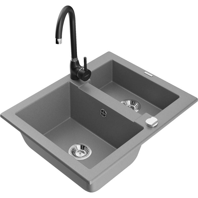 Mexen Carlos évier en granit 1,5 cuve avec robinet de cuisine Telma, gris - 6518-71-670200-70