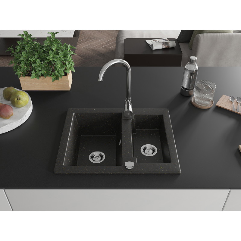 Mexen Carlos évier en granit 1,5-bac avec mitigeur de cuisine Telma, noir/or métallisé - 6518-75-670200-00