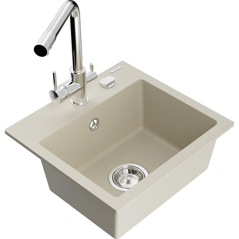 Mexen Milo évier en granit à 1 bac avec robinet de cuisine Duero, beige - 6505-69-671600-00