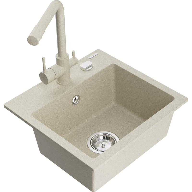 Mexen Milo évier en granit 1 bac avec robinet de cuisine Duero, beige - 6505-69-671600-69