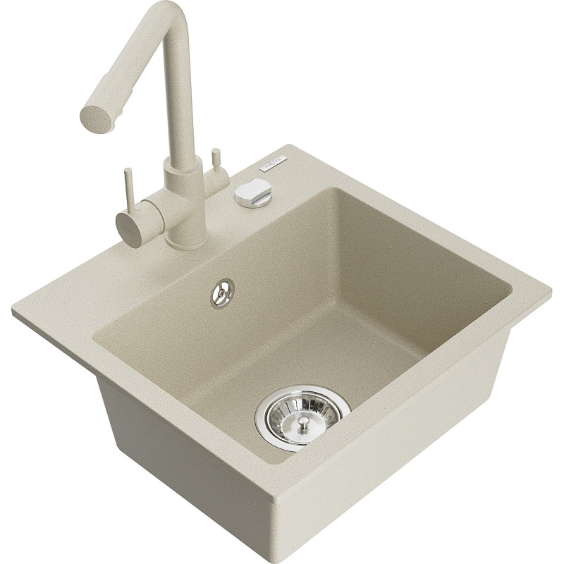 Mexen Milo évier en granit à 1 bac avec robinet de cuisine Duero, beige - 6505-69-671600-69