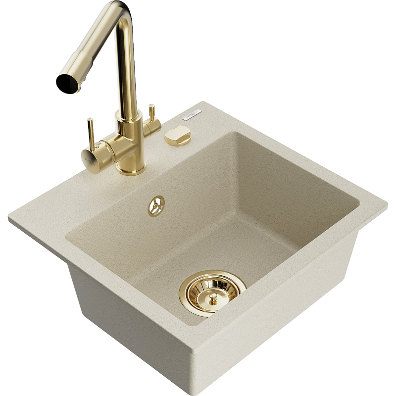 Mexen Milo évier en granit 1 bac avec robinet de cuisine Duero, beige - 6505-69-671600-50
