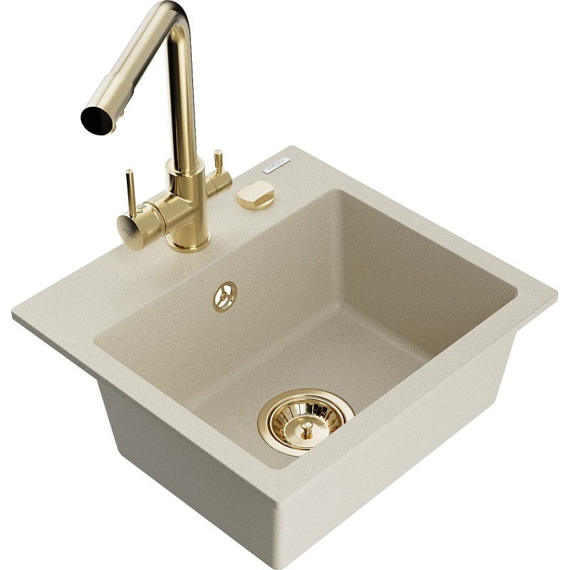 Mexen Milo Évier en granit à 1 bac avec robinet de cuisine Duero, beige - 6505-69-671600-50