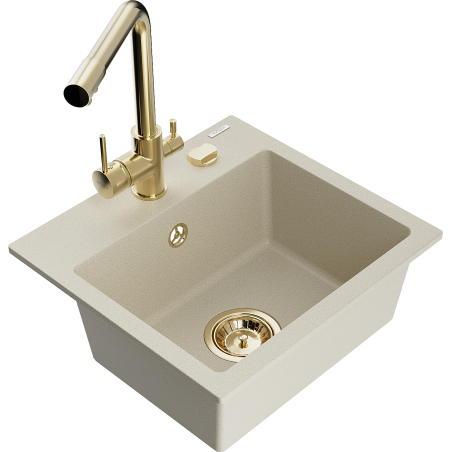 Mexen Milo Évier en granit à 1 bac avec robinet de cuisine Duero, beige - 6505-69-671600-50
