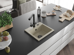 Mexen Milo évier en granit 1 bac avec robinet de cuisine Duero, beige - 6505-69-671600-70