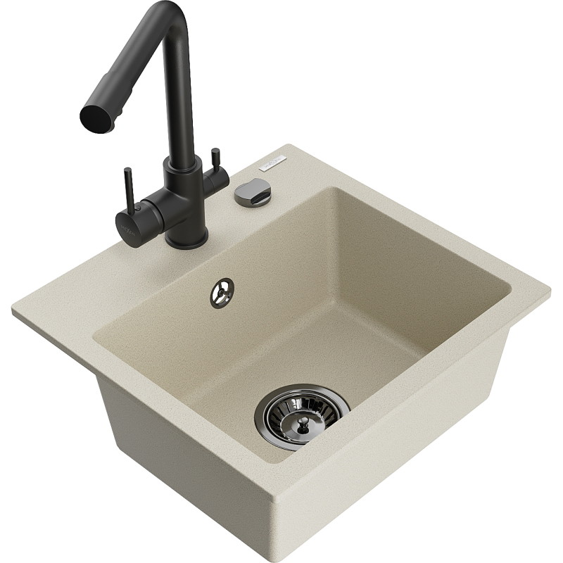 Mexen Milo Évier en granit à 1 bac avec robinet de cuisine Duero, beige - 6505-69-671600-70