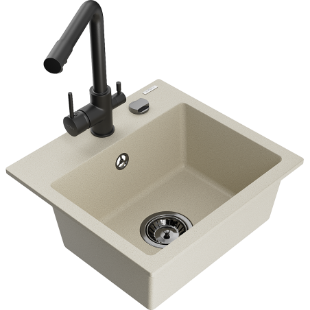 Mexen Milo évier en granit 1 bac avec robinet de cuisine Duero, beige - 6505-69-671600-70