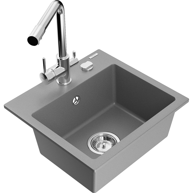 Mexen Milo évier en granit 1 bac avec robinet de cuisine Duero, gris - 6505-71-671600-00