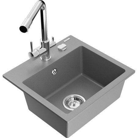 Mexen Milo évier en granit 1 bac avec robinet de cuisine Duero, gris - 6505-71-671600-00