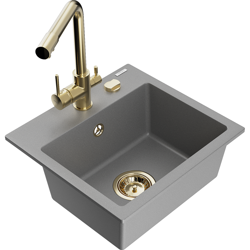 Mexen Milo évier en granit 1-bac avec robinet cuisine Duero, gris - 6505-71-671600-50