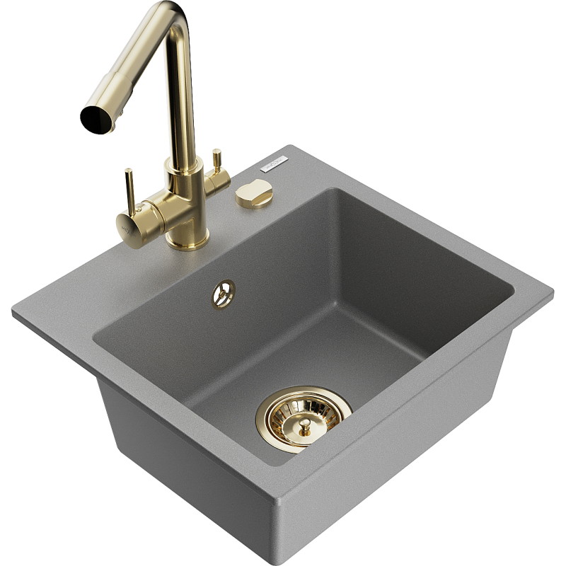 Mexen Milo évier en granit 1 bac avec robinet de cuisine Duero, gris - 6505-71-671600-50