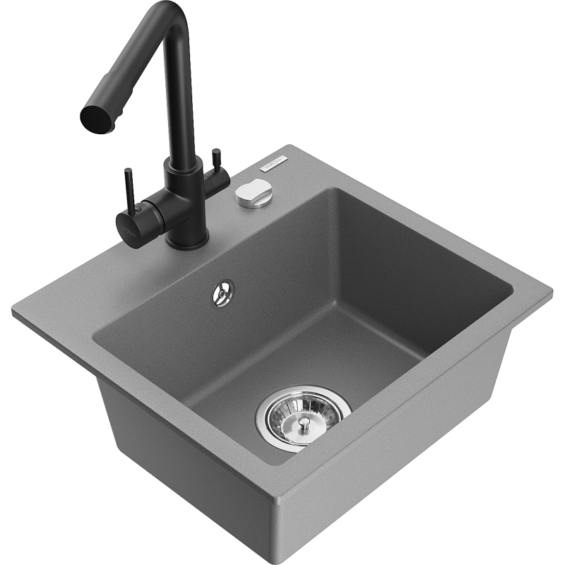 Mexen Milo évier en granit 1 bac avec robinet de cuisine Duero, gris - 6505-71-671600-70