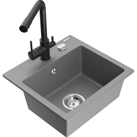 Mexen Milo évier en granit 1 bac avec robinet de cuisine Duero, gris - 6505-71-671600-70