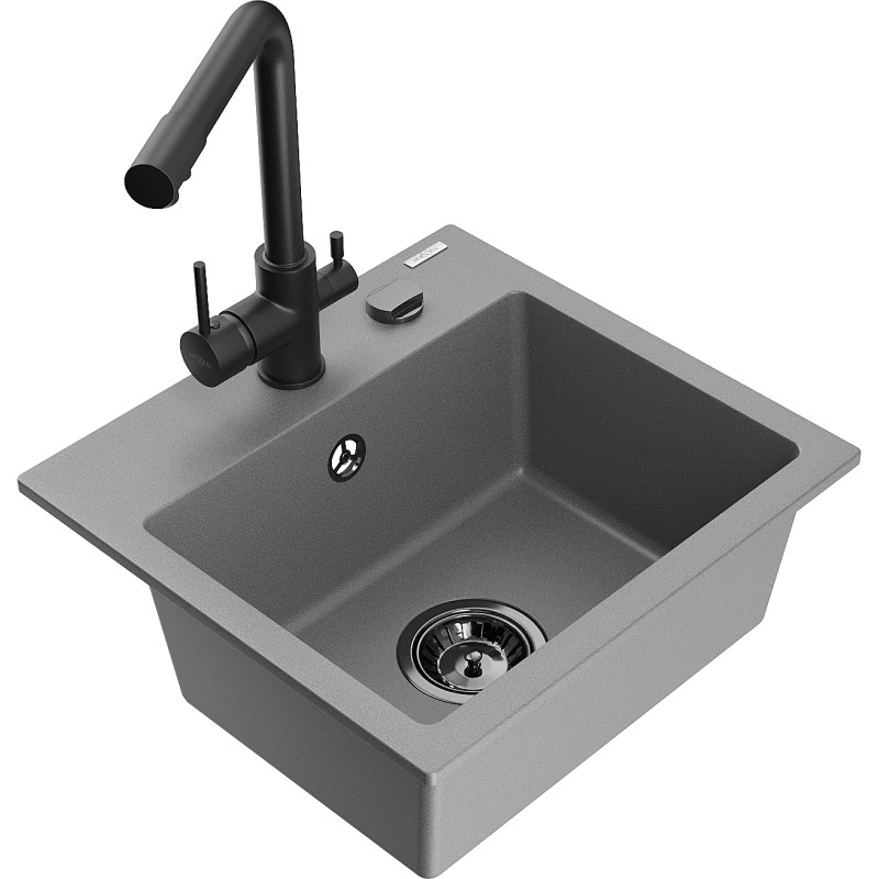 Mexen Milo évier en granit 1 bac avec robinet de cuisine Duero, gris - 6505-71-671600-70-B