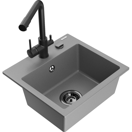 Mexen Milo évier en granit 1 bac avec robinet de cuisine Duero, gris - 6505-71-671600-70-B