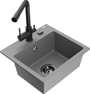 Mexen Milo évier en granit 1-bassin avec robinet de cuisine Duero, gris - 6505-71-671600-70-B