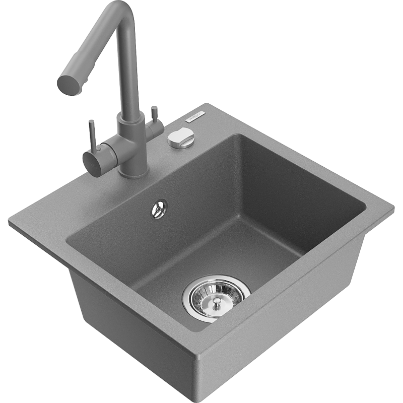 Mexen Milo évier en granit 1 bac avec robinet de cuisine Duero, gris - 6505-71-671600-71