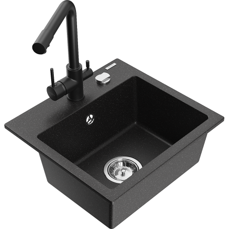 Mexen Milo évier en granit 1 bac avec robinet de cuisine Duero, noir/argent métal - 6505-73-671600-70