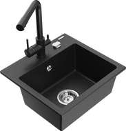 Mexen Milo évier en granit 1 bac avec robinet de cuisine Duero, noir/argent métal - 6505-73-671600-70