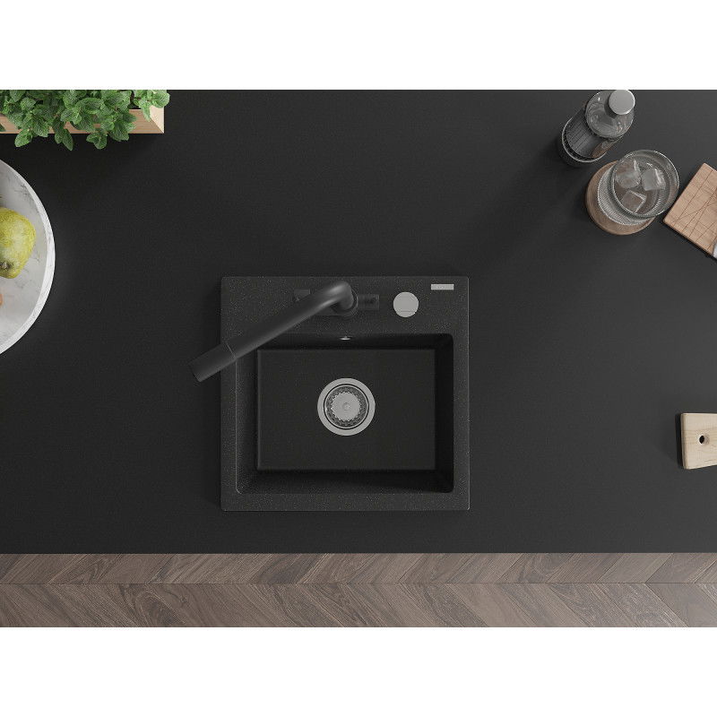 Mexen Milo évier de cuisine en granit 1 bac avec robinet de cuisine Duero, noir/argent métallisé - 6505-73-671600-70
