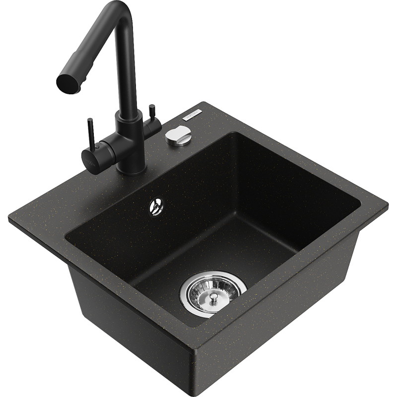 Mexen Milo évier en granit 1 cuve avec robinet de cuisine Duero, noir/doré métal - 6505-75-671600-70
