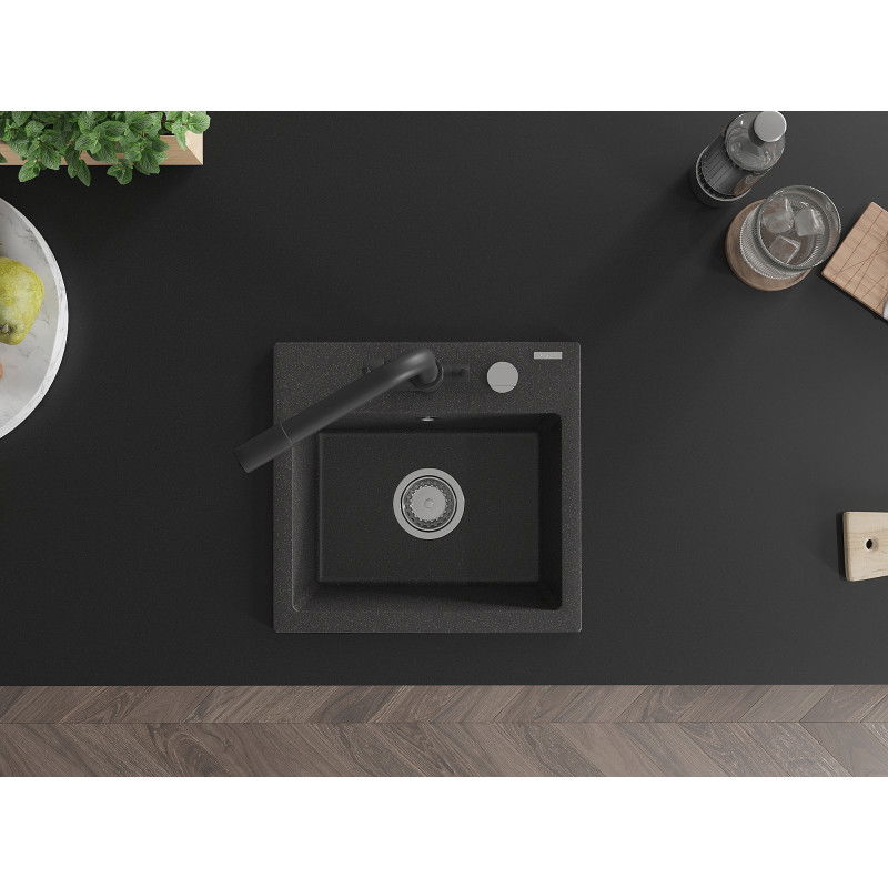 Mexen Milo évier en granit à 1 bac avec mitigeur de cuisine Duero, noir moucheté - 6505-76-671600-70