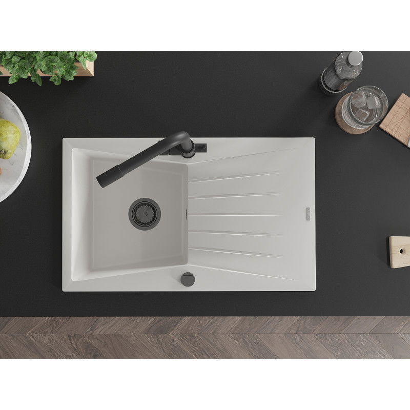 Mexen Cesar évier en granit 1 bac avec égouttoir et mitigeur de cuisine Duero, blanc - 6514-20-671600-70