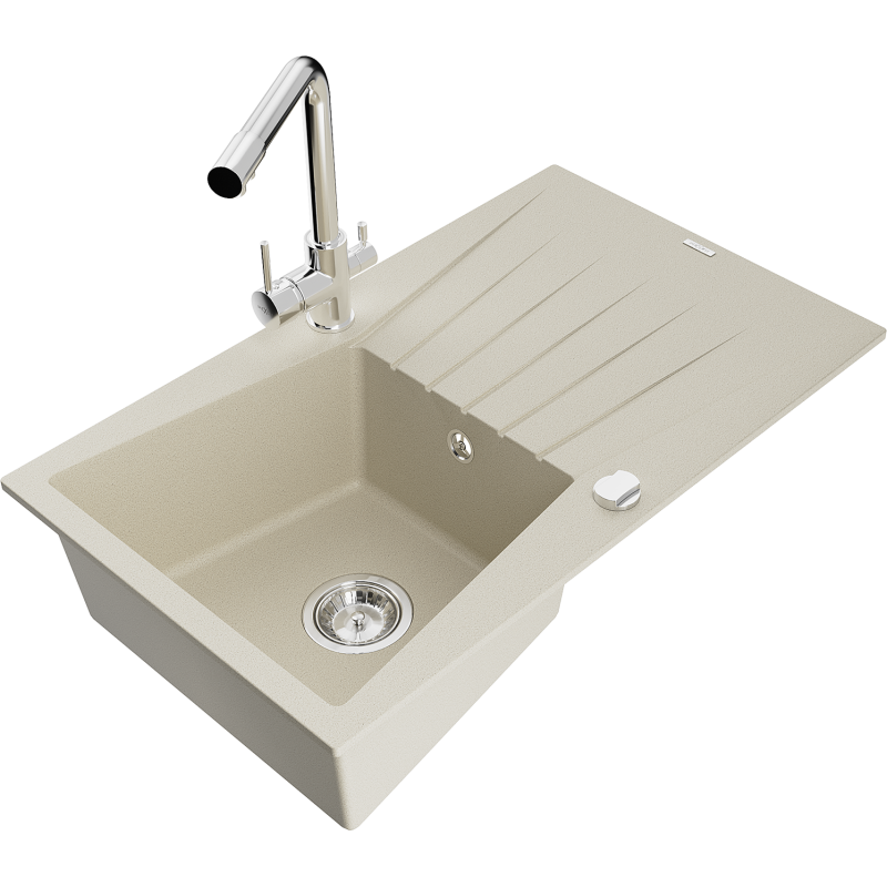 Mexen Cesar évier en granit 1 bac avec égouttoir et robinet de cuisine Duero, beige - 6514-69-671600-00