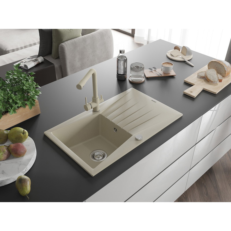 Mexen Cesar évier en granit 1 bac avec égouttoir et robinet de cuisine Duero, beige - 6514-69-671600-69