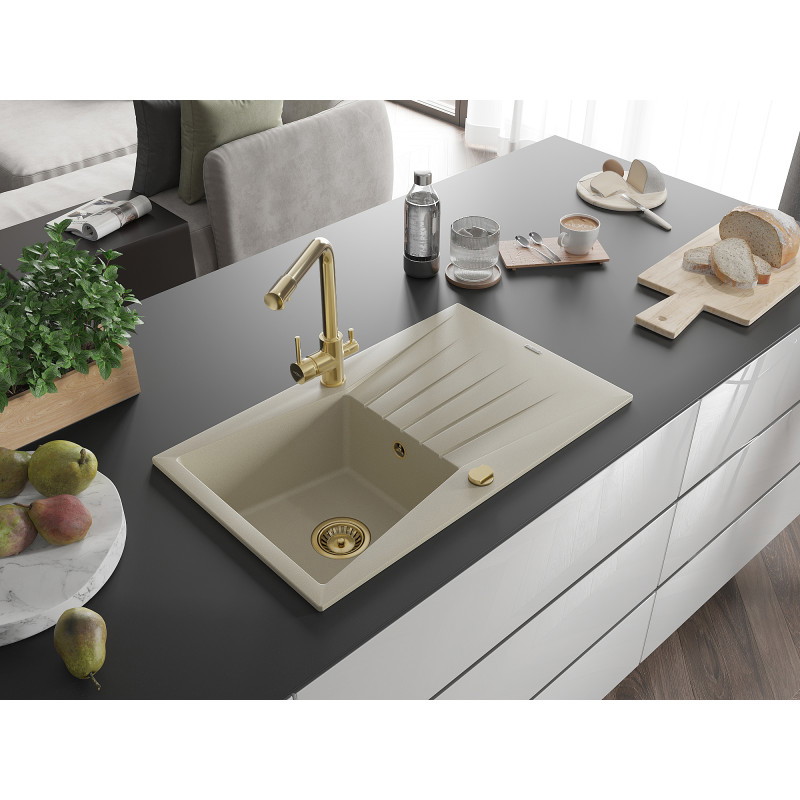 Mexen Cesar évier en granit 1 bac avec égouttoir et robinet de cuisine Duero, beige - 6514-69-671600-50