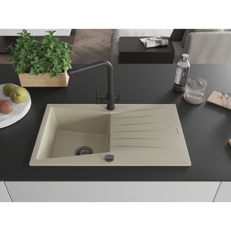 Mexen Cesar évier en granit 1 bac avec égouttoir et robinet de cuisine Duero, beige - 6514-69-671600-70