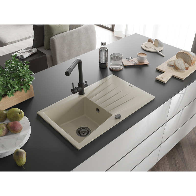 Mexen Cesar évier en granit 1 bac avec égouttoir et mitigeur de cuisine Duero, beige - 6514-69-671600-70