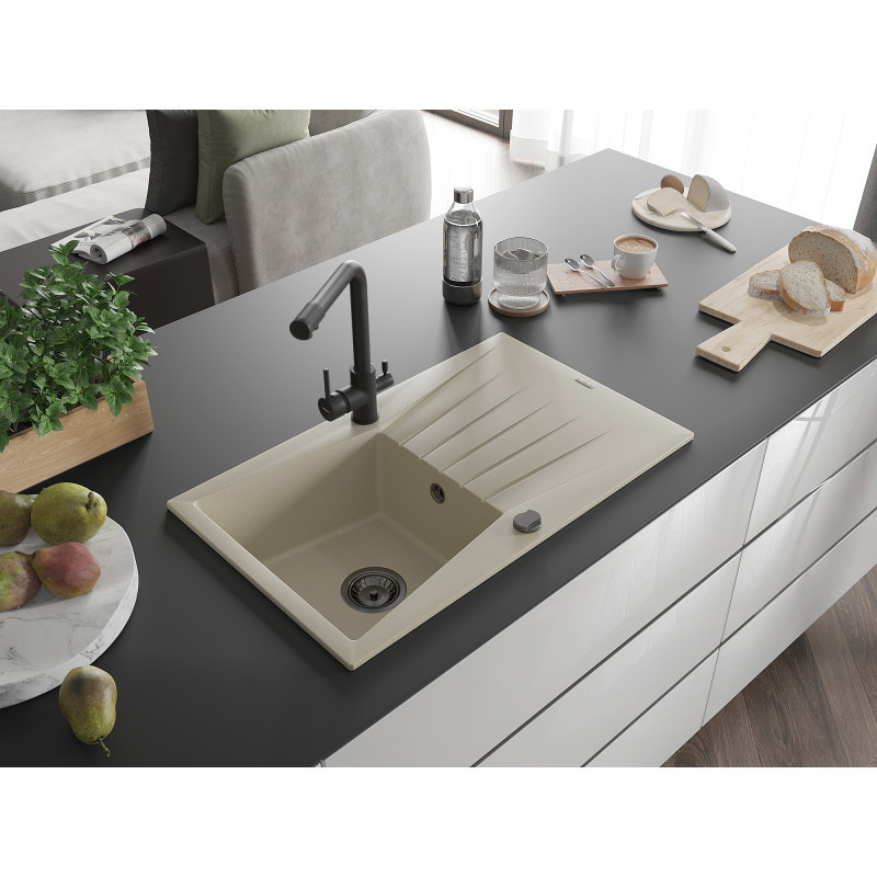 Mexen Cesar évier en granit 1 bac avec égouttoir et robinet de cuisine Duero, beige - 6514-69-671600-70