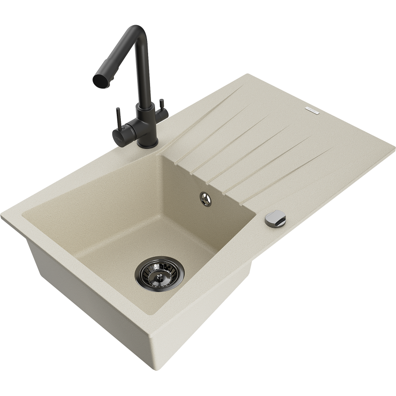 Mexen Cesar évier en granit 1 bac avec égouttoir et robinet de cuisine Duero, beige - 6514-69-671600-70