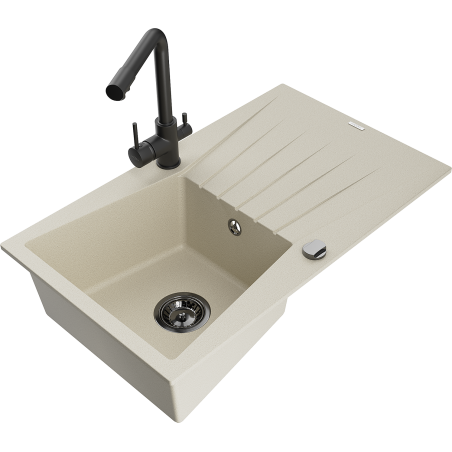 Mexen Cesar évier en granit 1 bac avec égouttoir et robinet de cuisine Duero, beige - 6514-69-671600-70