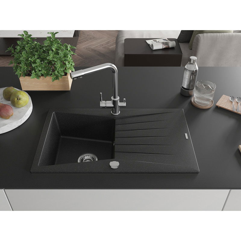 Mexen Cesar évier en granit 1 bac avec égouttoir et robinet de cuisine Duero, noir/métallique argenté - 6514-73-671600-00